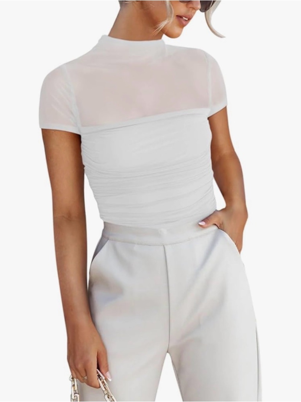 NWT Reoria mesh Mock Neck Ruched White Women's bodysuit, medium